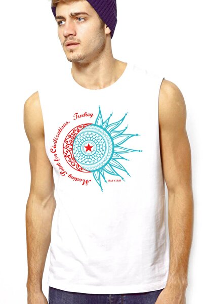 ROCKANDROLL Tricou alb cu mâneci tăiate stea Türkiye Crescent pentru bărbați ...