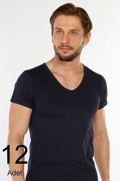 TOLIN Pack of 12 100% Cotton Navy Blue Men's Single Jersey V-Neck Undershirt 317