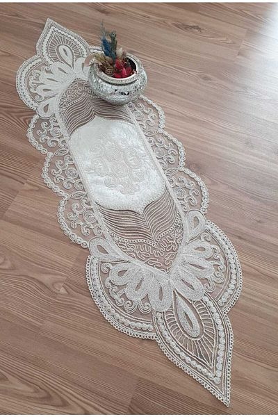 WENESSİ Κορδόνι Κεντημένο Velvet Runner Cream 38*114 cm