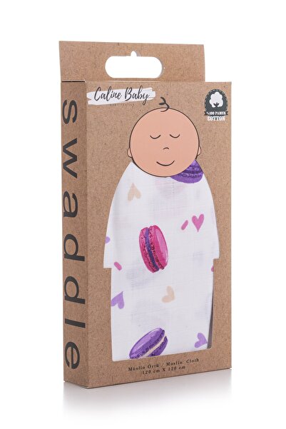 Caline Baby Muslin Cloth Cover Macaron Pattern - Purple 120x120 Cm + 4 Mouth Wipes