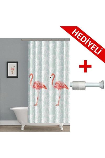 PRADO Flamingo Bathroom Curtain + Hanger Gift 123-200 cm