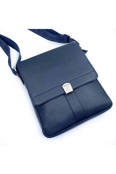 Eminsa Navy Blue Leather Men's Shoulder Bag with Magnet