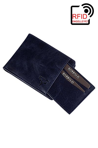Garbalia 100% Handmade Genuine Leather Rfid Blocking Crazy Navy Blue Wallet Card Holder