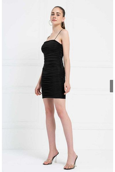 Secret Passion Lingerie Tknfashion Μαύρο ύφασμα Lycra Μίνι φόρεμα με λουράκι με χαμηλό κόψιμο στο πλάι και λεπτομέρεια 509