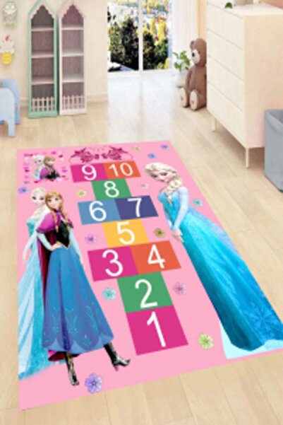 MODANOİVA Pembe Mavi Elsa Seksek Oyun Desenli Dijital Baskılı Halı-mrc1545