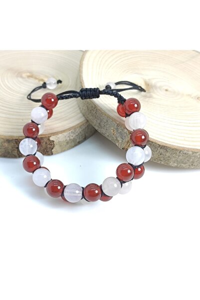 TAŞ RÜYASI 8 Mm Rose Quartz - Red Agate Double Row Knitted Bracelet