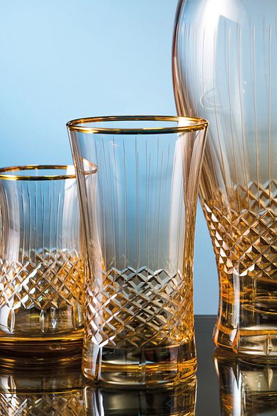 KCD Antique Yellow Cut Hand Decor Gilded 6 Pieces Patterned Water and Soft Drink Glass Set