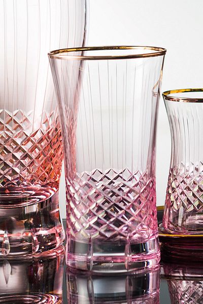 KCD Antique Pink Cut Hand Decor Gilded 6 Pieces Patterned Water and Soft Drink Glass Set