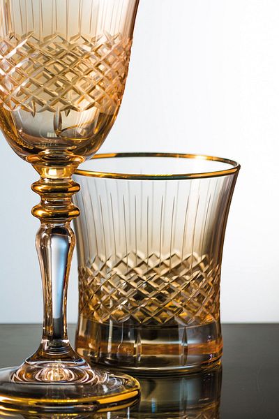 KCD Antique Yellow Cut Hand Decor Gilded 6 Pieces Patterned Water Glass Set
