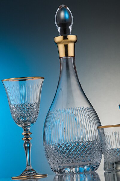 KCD Antik Altın Kesme El Dekor Yaldızlı Desenli Kapaklı Cam Şişe Karaf Sürahi