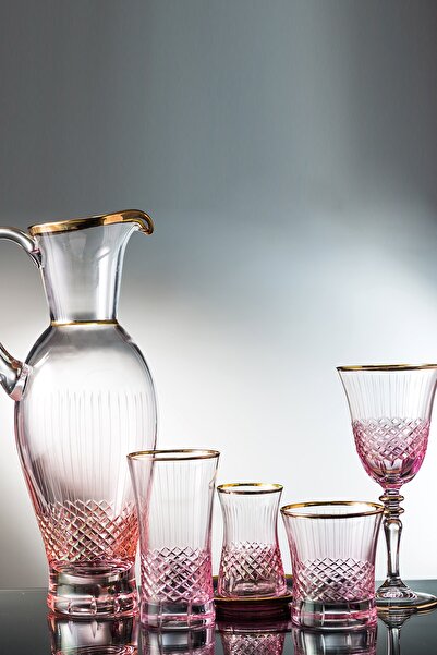 KCD Antik Pembe 31 Parça Cam Sofra Sunum Çeyiz Seti Su Bardak Takımı Kesme El Dekor