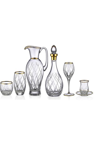 KCD Kilim Gold 61 Piece Glass Tableware Presentation Dowry Set Water Glass Set Cut Hand Decor