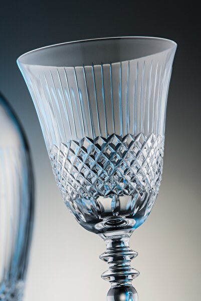 KCD Antik Sade Kesme El Dekor Yaldızlı Desenli Cam 6 Adet Ayaklı Bardak Kadeh