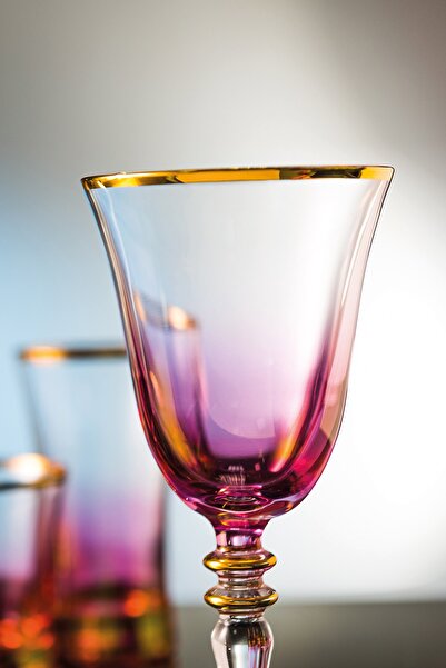 Genel Markalar Soprano Pembe Kesme El Dekor Yaldızlı Desenli Cam 6 Adet Ayaklı Bardak Kadeh