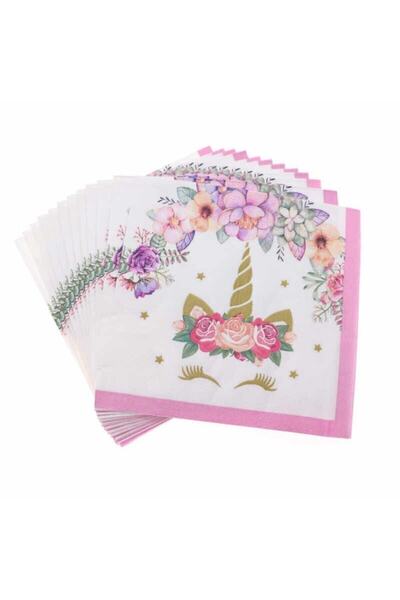 UNICORN Temalı Çiçek Desenli Pembe Kenar Süslü Peçete 33 Cm * 33 Cm