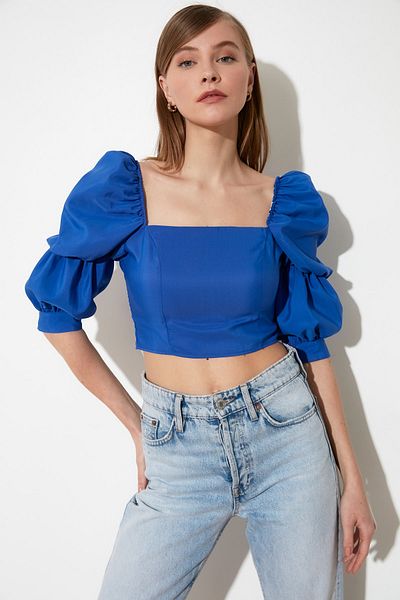 Trendyol Collection Indigo Crop ballon ujjú, négyzet alakú nyakú szőtt blúz TWOSS19XB0036