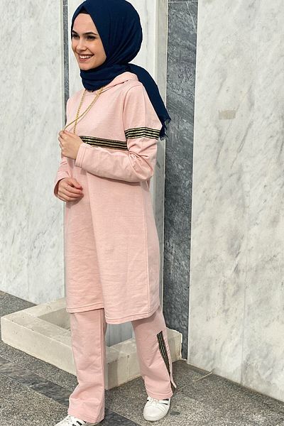 CNG MODA Women's Hijab Glitter Striped Tracksuit Set Powder
