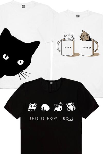 ROCKANDROLL تي شيرت نسائي أبيض حليبي وسهل، أبيض غريب، أسود Panda Tumble 3 قطع Eco Package