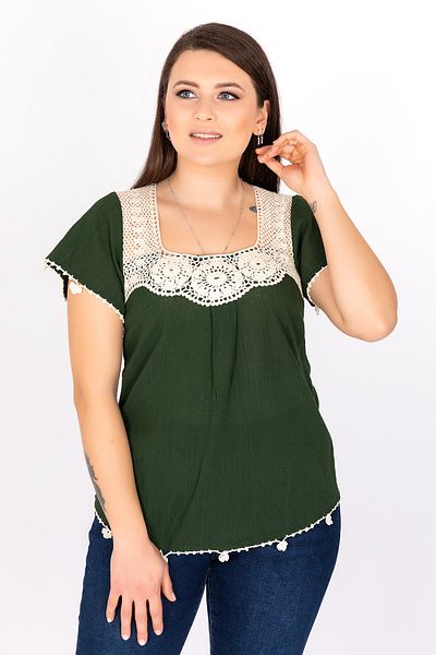 Kardelen Butik Ümraniye Women's Lace Collar Şilebezi Khaki Green Blouse