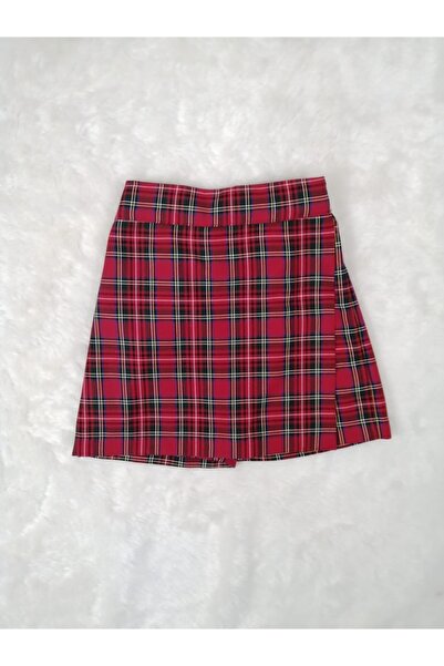 CutieCase Kız Bebek Kırmızı Ekoseli Mini Şort Etek Şapka Tişört Takımı