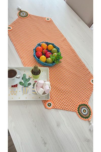 White Alamode Orange and White Square Pattern - Motif and Tassel Runner