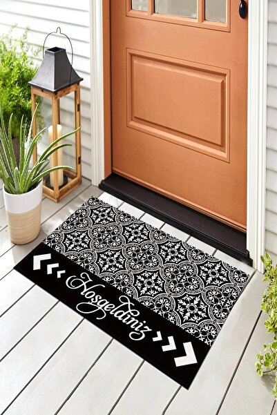 Evsebu Hoşgeldiniz Siyah Şekil Dekoratif Kapı Önü Paspası