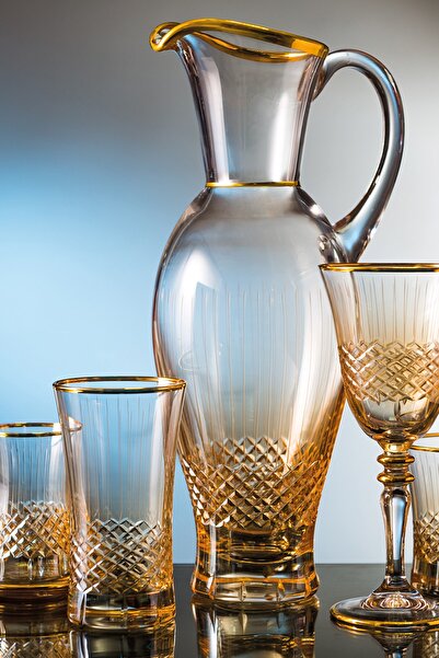 KCD Antik Sarı Kesme El Dekor Yaldızlı Desenli Cam Karaf Sürahi