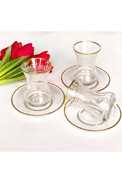 Paşabahçe Lav Altın Yaldız Renkli Lüx El Dekoru Işlemeli 6 Kişilik 12 Parça Çay Cam Bardağı Seti, Çeyizlik Set