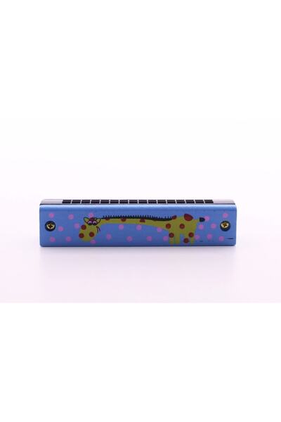 HediyeFilesi 1 Piece Wooden Harmonica 16 Holes Double Row Blue Pattern Children's Harmonica