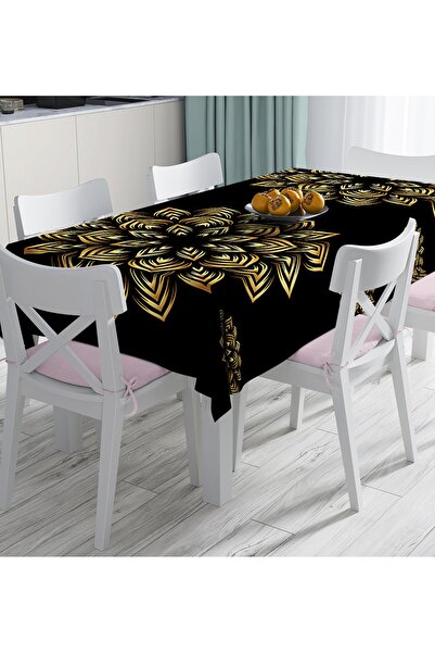 Realhomes Siyah Zeminde Gold Mandala Motifli Dijital Baskılı Masa Örtüsü