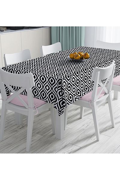 Realhomes Față de masă neagră cu model Ikat cu design special, imprimată digital