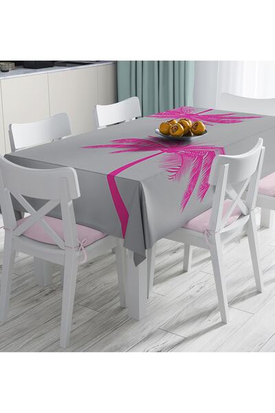 Realhomes مفرش طاولة مطبوع رقميًا حديثًا بزخارف النخيل الفوشيا على أرضية رمادية