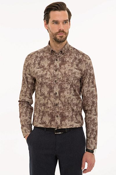 Pierre Cardin Ανδρικό πουκάμισο καφέ Slim Fit G021SZ004.000.1109134
