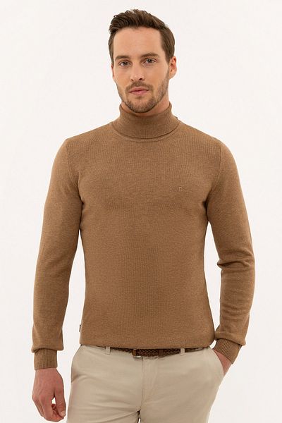 Pierre Cardin Men's Camel Melange Slim Fit Full Turtleneck Basic Knitwear Sweater