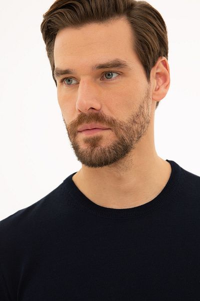 Pierre Cardin Ανδρικό πουλόβερ με λαιμόκοψη Navy Blue Slim Fit Basic Knitwear