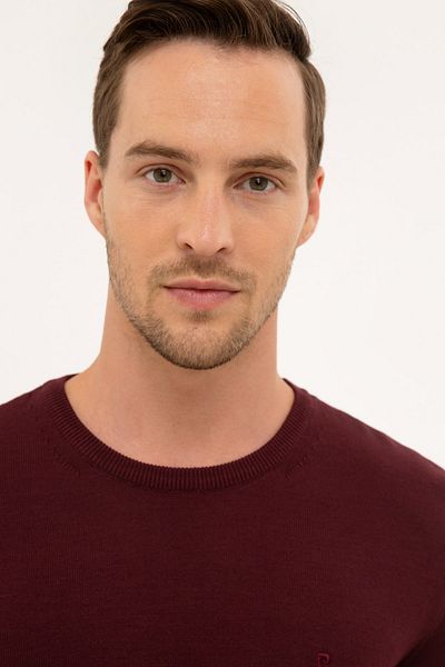 Pierre Cardin Men's Claret Red Slim Fit Crew Neck Basic Knitwear Sweater