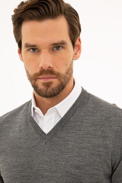 Pierre Cardin Men's Gray Melange Slim Fit V-Neck Basic Knitwear Sweatshirt G021SZ0TK.000.1111415