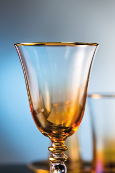 KCD Soprano Sarı Kesme El Dekor Yaldızlı Desenli Cam 6 Adet Ayaklı Bardak Kadeh