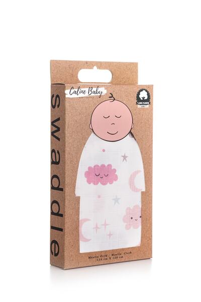 Caline Baby Muslin Cloth Cover Cloud Pattern - Pink 120x120 Cm + 4 Mouth Wipes
