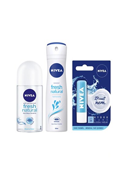 NIVEA Fresh Natural Deodorant 150 Ml + Roll-on 50 Ml + 24 Saat Nem Dudak Krem...