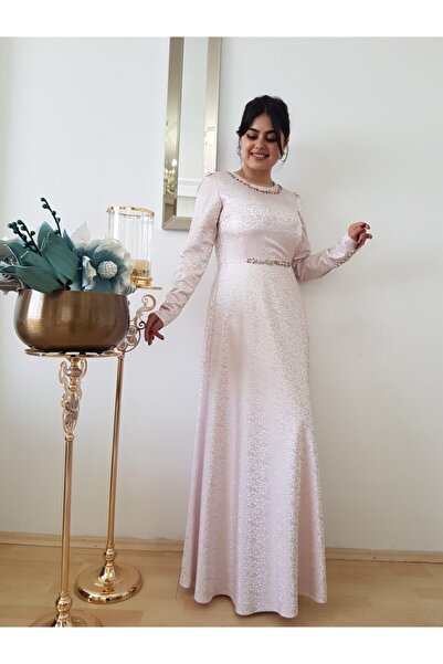 FERGAN Kadın Pudra Saten Tesettür Abiye Elbise