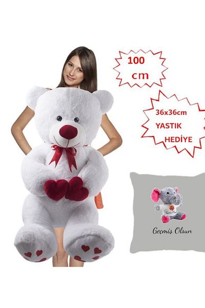 Özgüner Oyuncak 100 cm Innocent Teddy Bear Holding Double Hearts with Past Pillow Gift