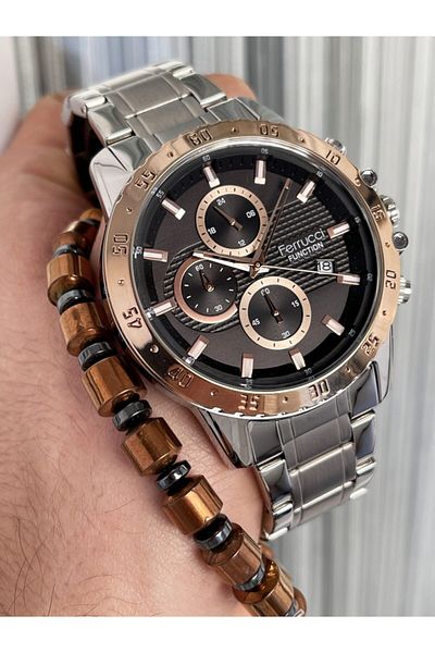 Ferrucci Silver Color Black Dial Metal Functions Active Men's Wristwatch and Hematite Bracelet Gift