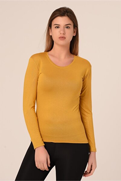 DISENTIS MODEST جولة الرقبة طويلة الأكمام فسكوزي الخردل الجسم