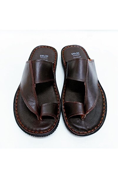 Çelik Men's Brown Genuine Leather Flip Flops