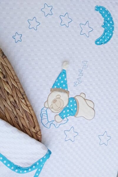 Mellow Baby Store %100 Pamuk Mavi Büyük Puanlı Uyuyan Ayı Desenli Ince Biyeli Bebek Pike Takımı