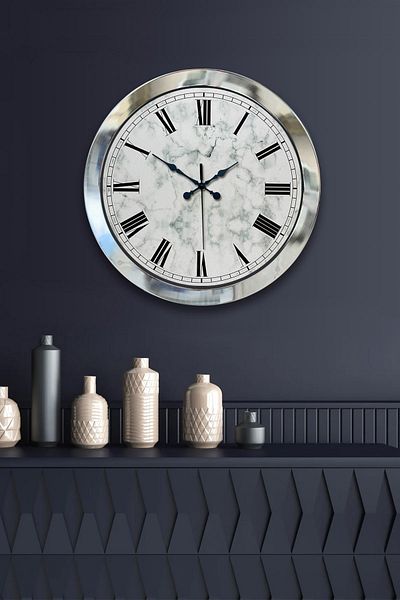 Kasva Concept Gift 36 cm Chrome Metal Marble Patterned Wall Clock