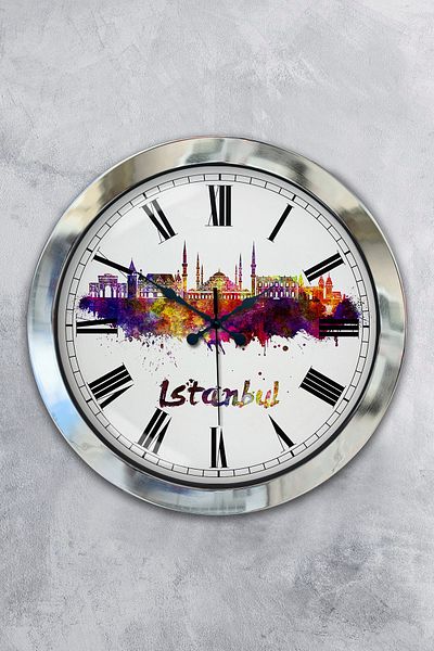 Kasva Concept Gift 36 cm Chrome Metal Istanbul Themed Wall Clock