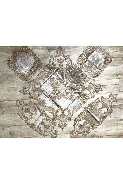 bursa çeyiz Azra Kadife Fransız Dantelli 5 Parça Salon Takımı Cappuchino