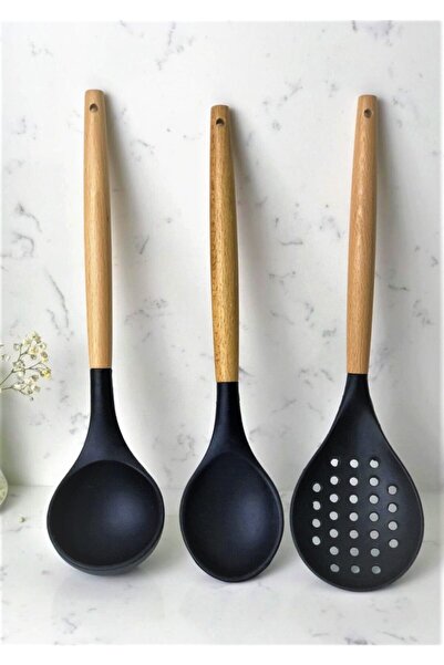 GalleonHome 3 Piece Kitchen Set Bamboo Silicone Ladle Spoon Colander
